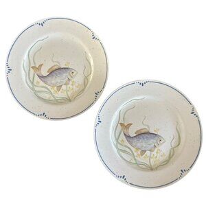 Fitz & Floyd Japan La Mer Dinner‎ Plates Set Of 2 10 1/4" Blue Purple Fish 1979
